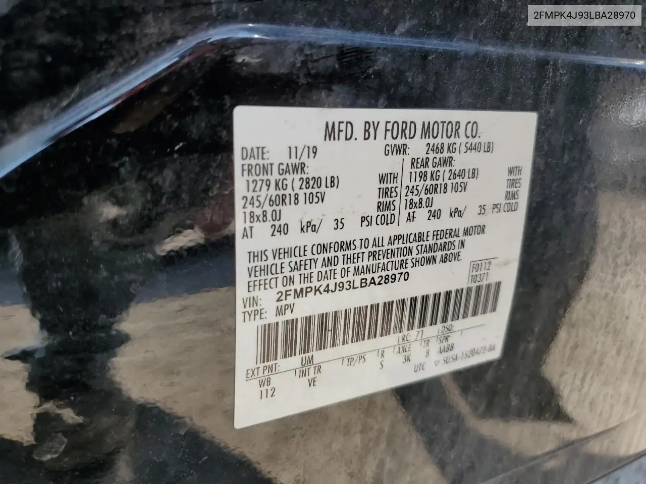 2020 Ford Edge Sel VIN: 2FMPK4J93LBA28970 Lot: 55521235