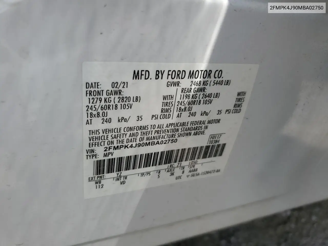 2021 Ford Edge Sel VIN: 2FMPK4J90MBA02750 Lot: 62832105
