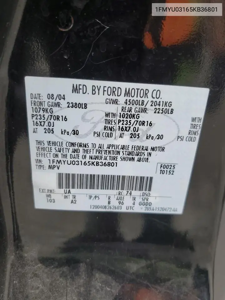 2005 Ford Escape Xlt VIN: 1FMYU03165KB36801 Lot: 61978705