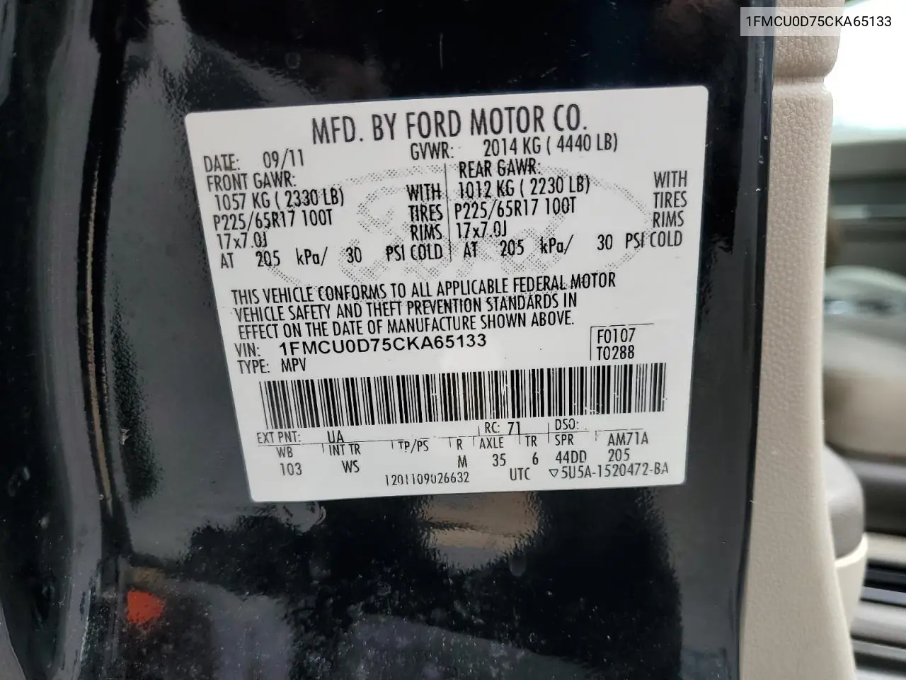 2012 Ford Escape Xlt VIN: 1FMCU0D75CKA65133 Lot: 62915815