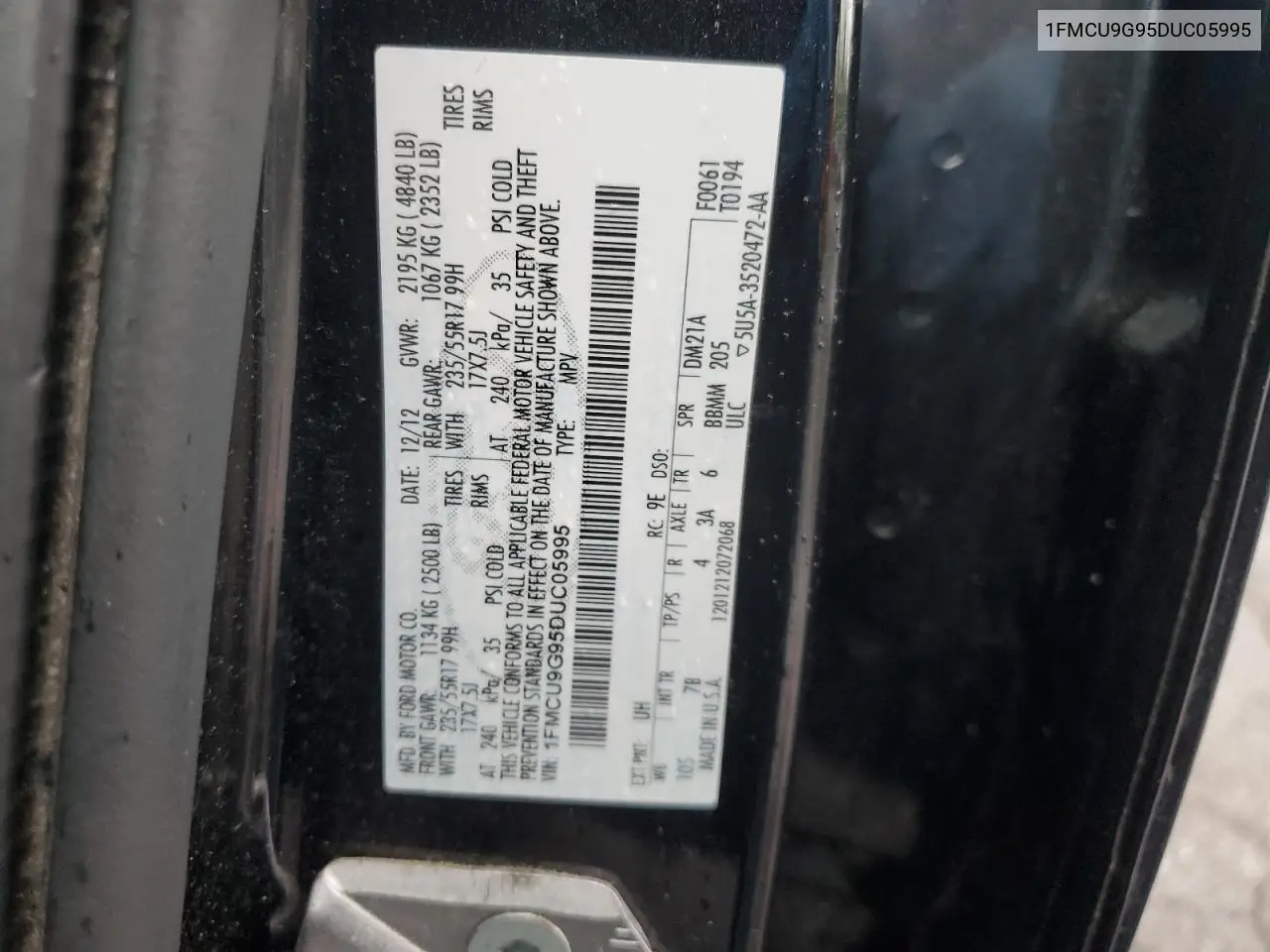 2013 Ford Escape Se VIN: 1FMCU9G95DUC05995 Lot: 56650245