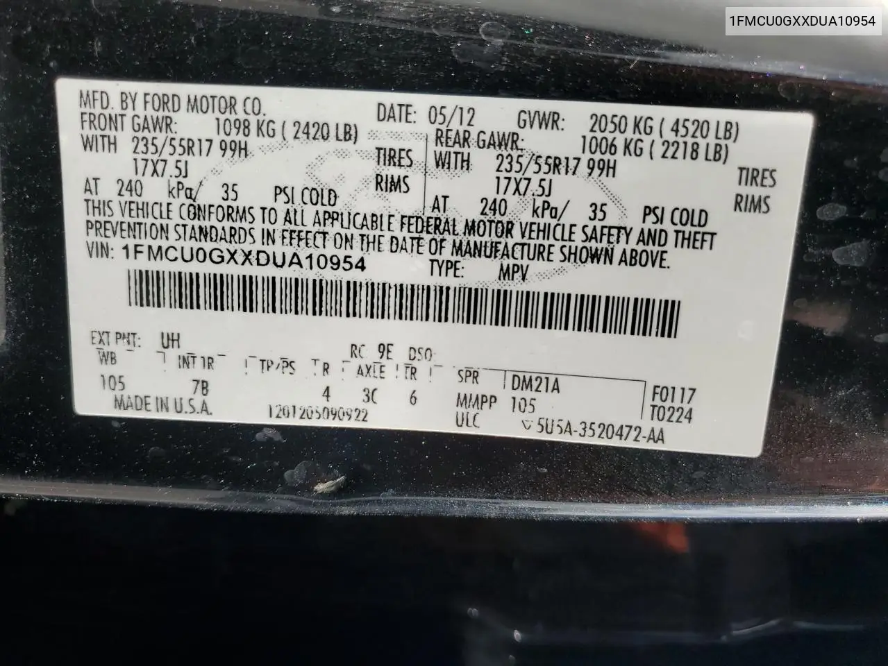 2013 Ford Escape Se VIN: 1FMCU0GXXDUA10954 Lot: 57068205