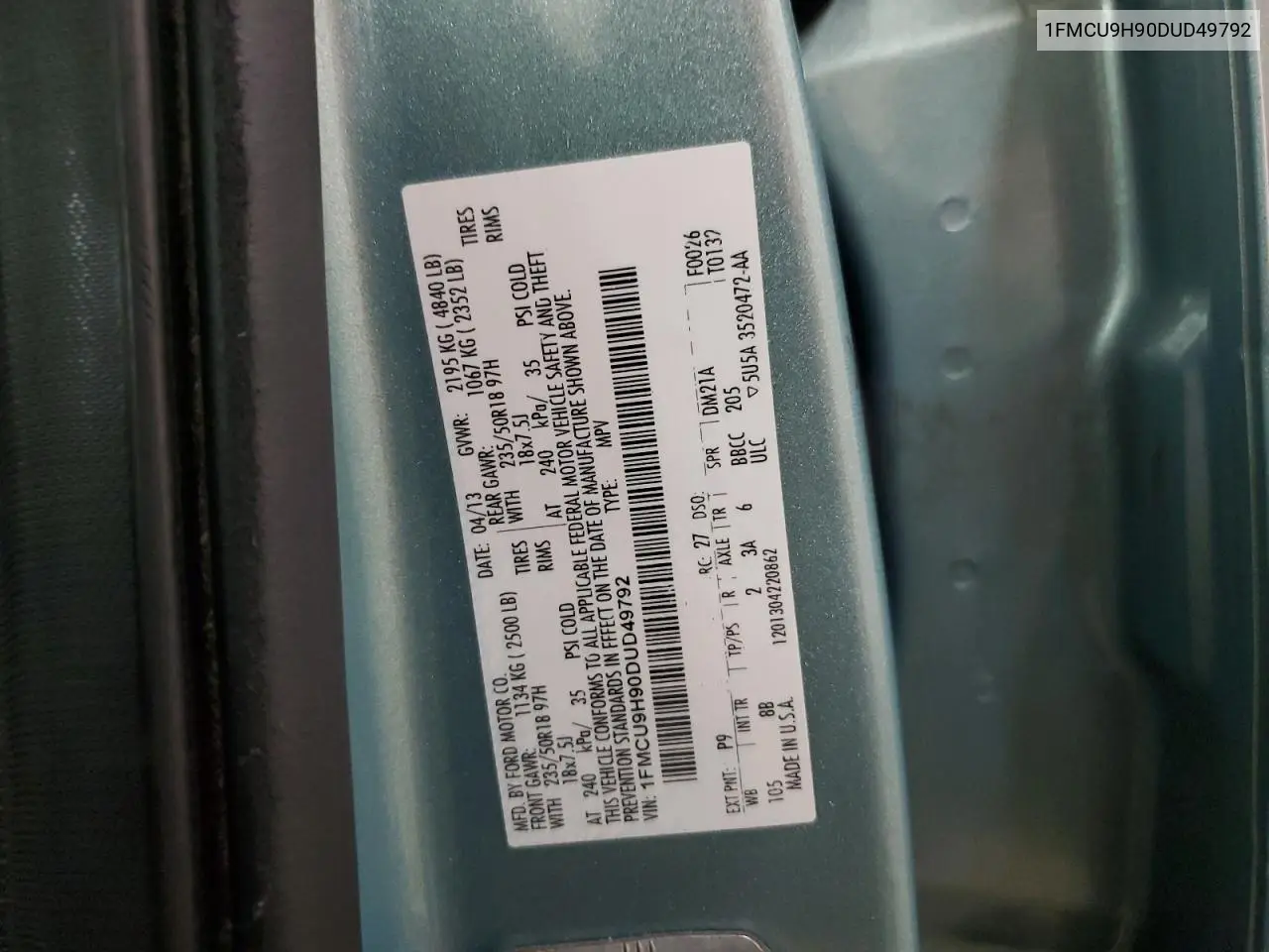 2013 Ford Escape Sel VIN: 1FMCU9H90DUD49792 Lot: 62735445