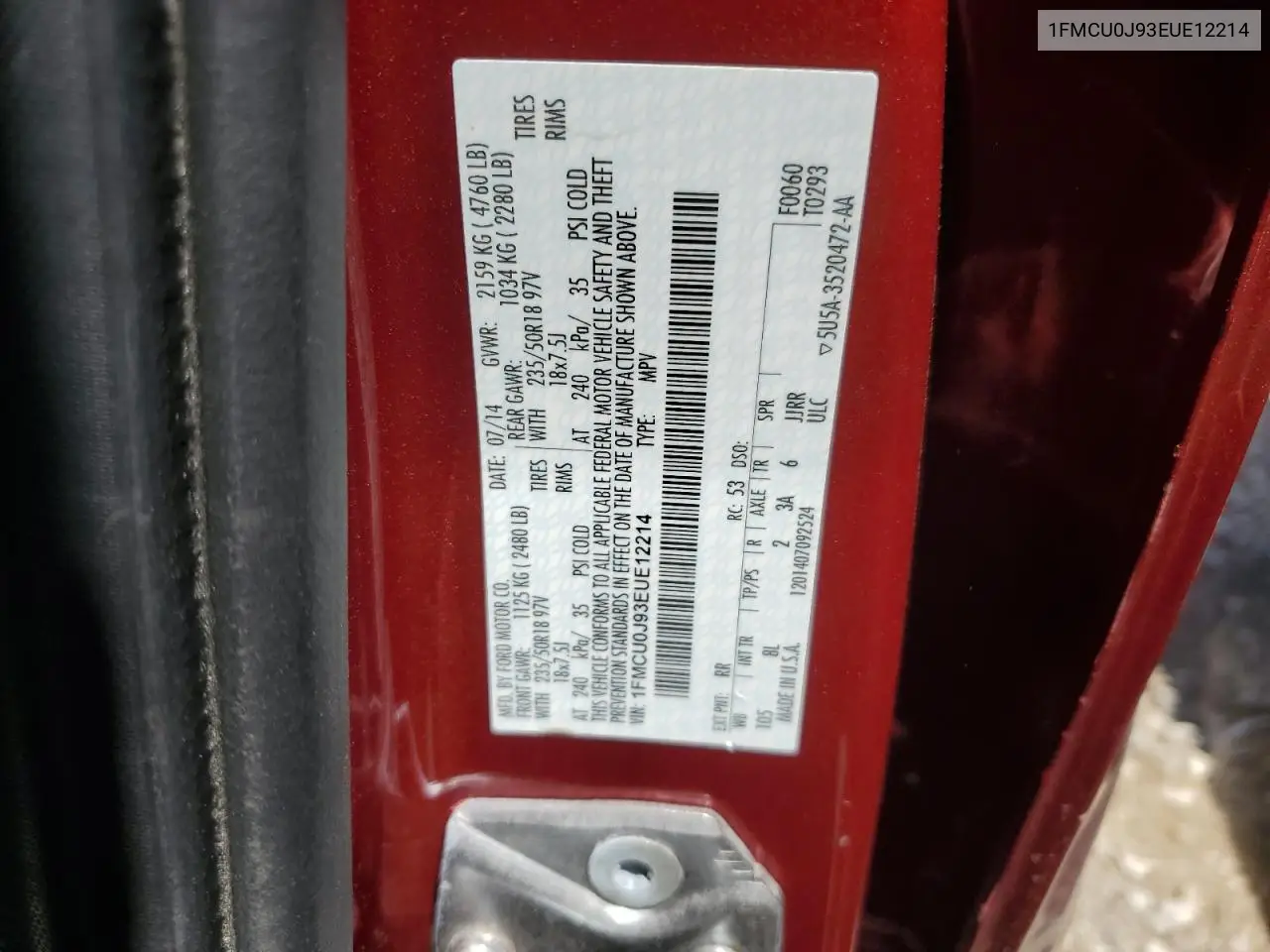 2014 Ford Escape Titanium VIN: 1FMCU0J93EUE12214 Lot: 57108295