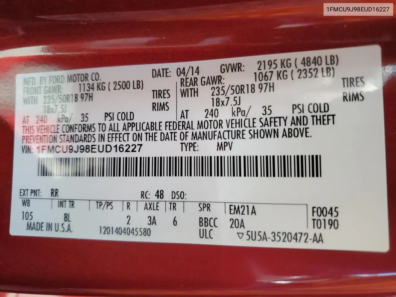 2014 Ford Escape Titanium VIN: 1FMCU9J98EUD16227 Lot: 63076645