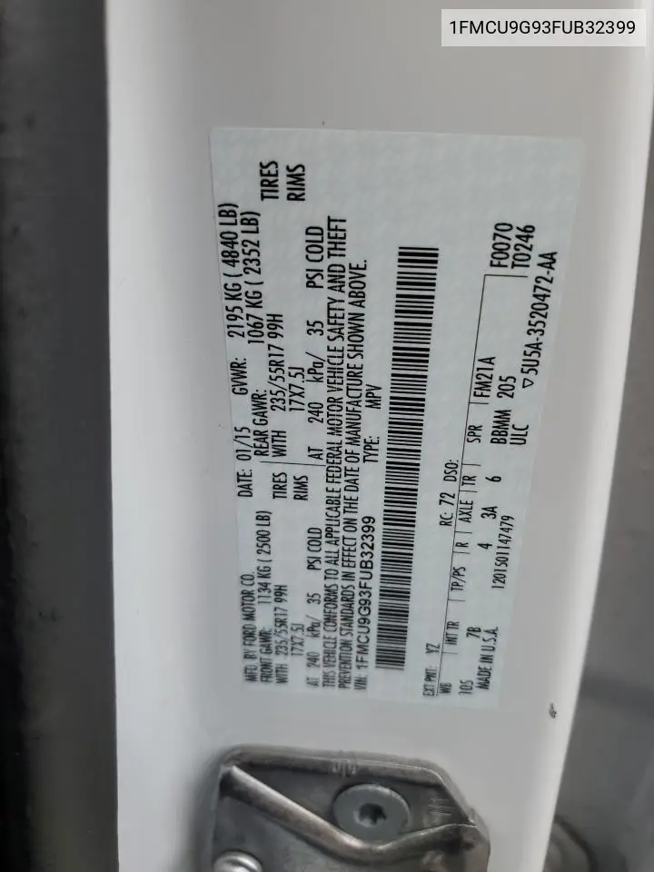 2015 Ford Escape Se VIN: 1FMCU9G93FUB32399 Lot: 56882575