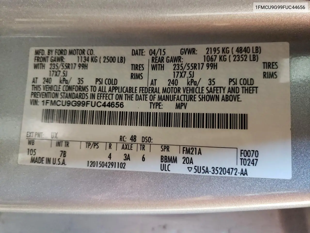 2015 Ford Escape Se VIN: 1FMCU9G99FUC44656 Lot: 62704565