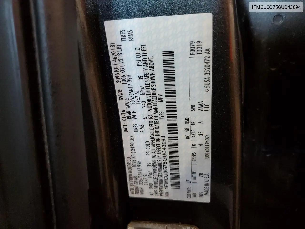 2016 Ford Escape Se VIN: 1FMCU0G75GUC43094 Lot: 62742905