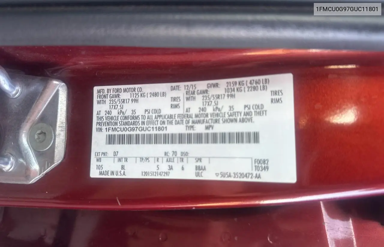 2016 Ford Escape Se VIN: 1FMCU0G97GUC11801 Lot: 63133965