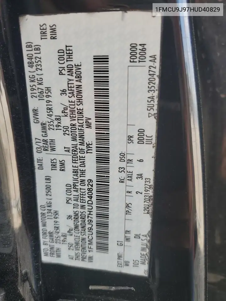 2017 Ford Escape Titanium VIN: 1FMCU9J97HUD40829 Lot: 56828865