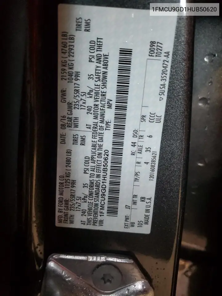 2017 Ford Escape Se VIN: 1FMCU9GD1HUB50620 Lot: 56983075