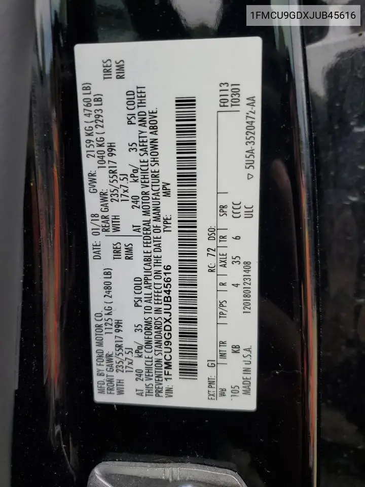 2018 Ford Escape Se VIN: 1FMCU9GDXJUB45616 Lot: 53978305