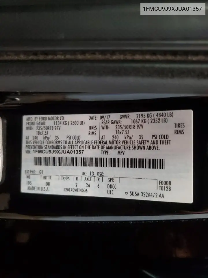 2018 Ford Escape Titanium VIN: 1FMCU9J9XJUA01357 Lot: 56868735