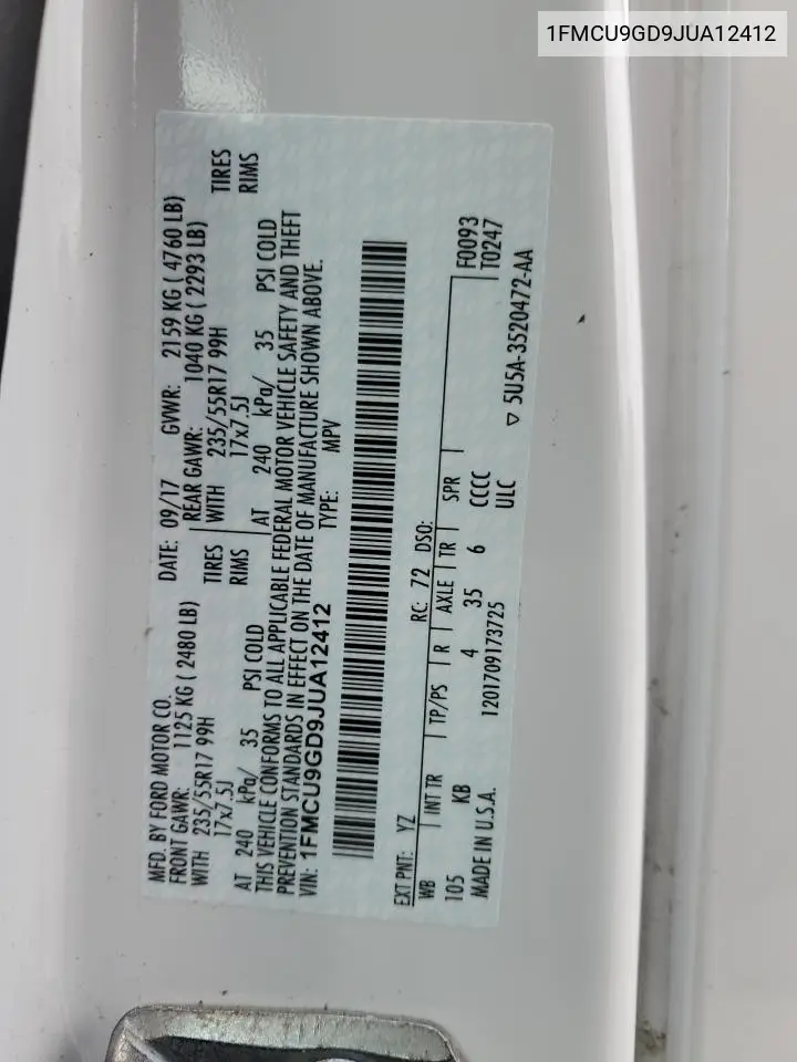 1fmcu9gd9jua12412 1FMCU9GD9JUA12412 2018 Ford Escape Se