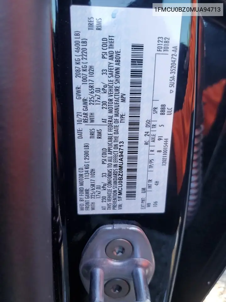 2021 Ford Escape Se VIN: 1FMCU0BZ0MUA94713 Lot: 53047785