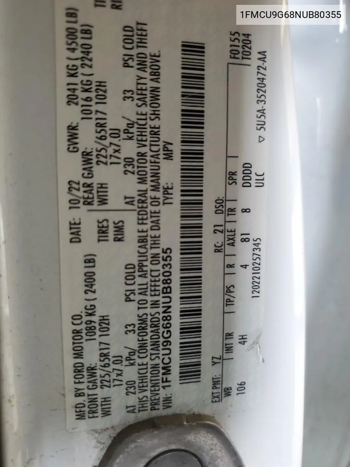 2022 Ford Escape Se VIN: 1FMCU9G68NUB80355 Lot: 61758255