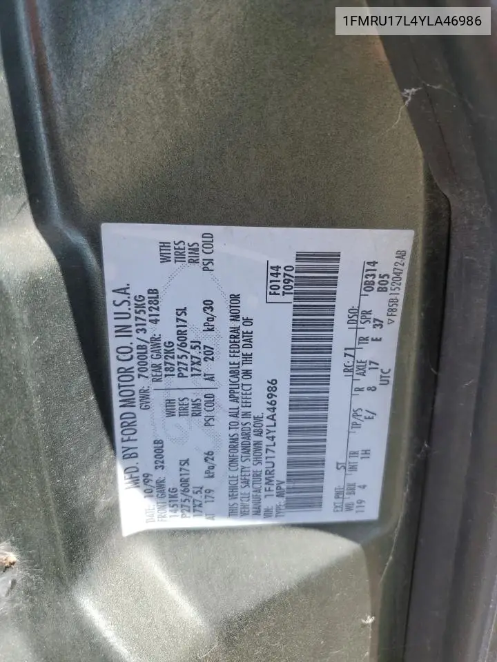 2000 Ford Expedition Eddie Bauer VIN: 1FMRU17L4YLA46986 Lot: 59591905