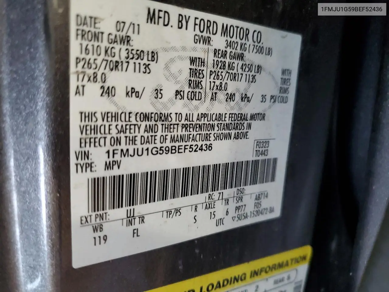 2011 Ford Expedition Xl VIN: 1FMJU1G59BEF52436 Lot: 61409415