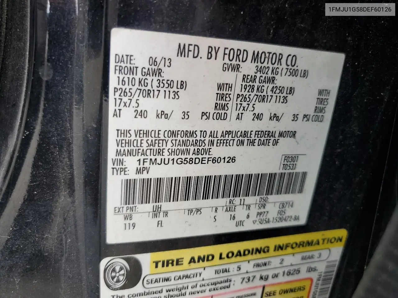 2013 Ford Expedition Xl VIN: 1FMJU1G58DEF60126 Lot: 56826465