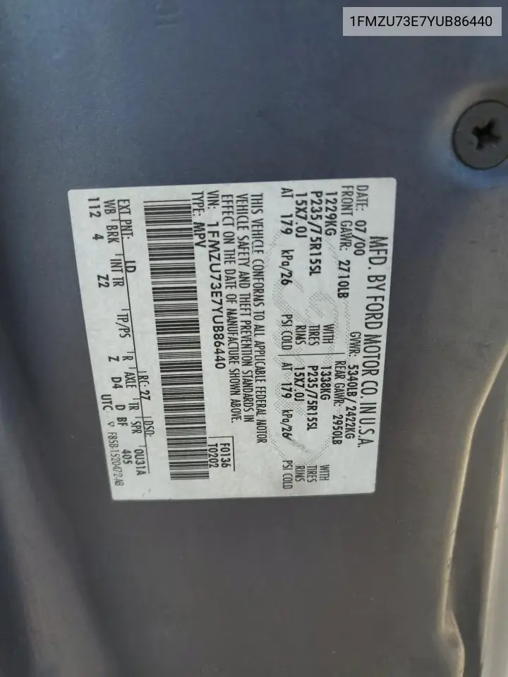 2000 Ford Explorer Xlt VIN: 1FMZU73E7YUB86440 Lot: 60800665