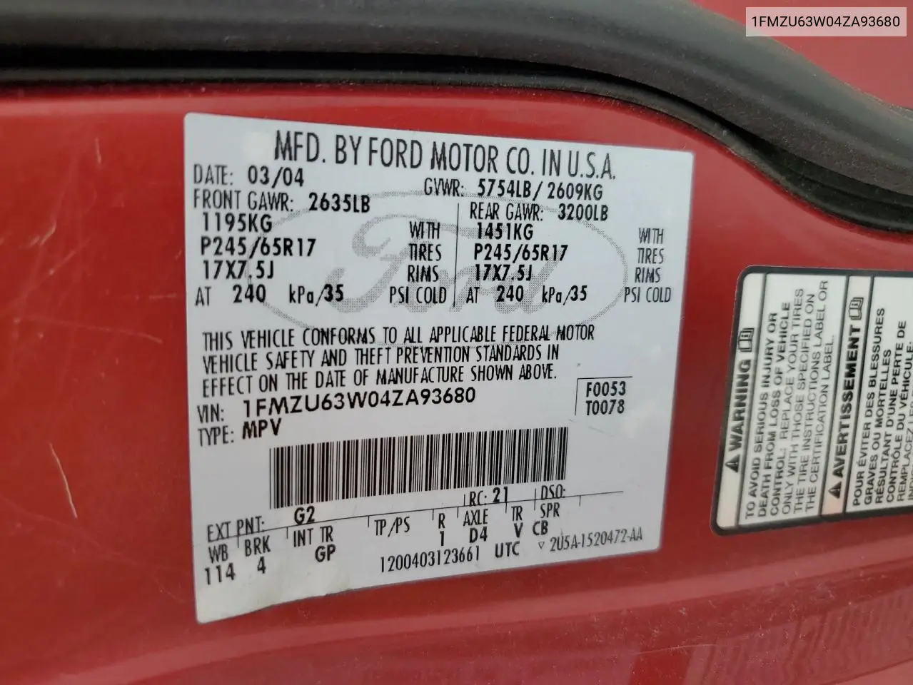 2004 Ford Explorer Xlt VIN: 1FMZU63W04ZA93680 Lot: 54706265