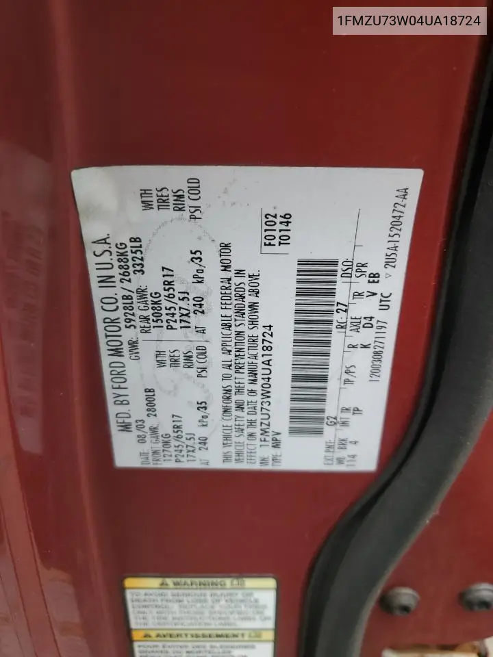 2004 Ford Explorer Xlt VIN: 1FMZU73W04UA18724 Lot: 62648055