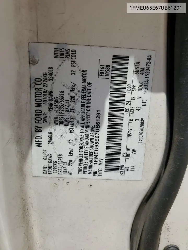 2007 Ford Explorer Limited VIN: 1FMEU65E67UB61291 Lot: 56371175