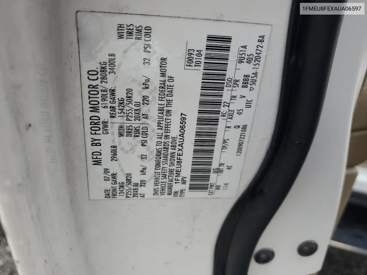 2010 Ford Explorer Limited VIN: 1FMEU8FEXAUA06597 Lot: 56046875