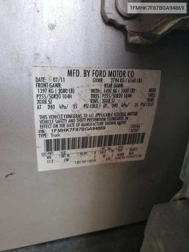 1fmhk7f87bga94869 1FMHK7F87BGA94869 2011 Ford Explorer Limited