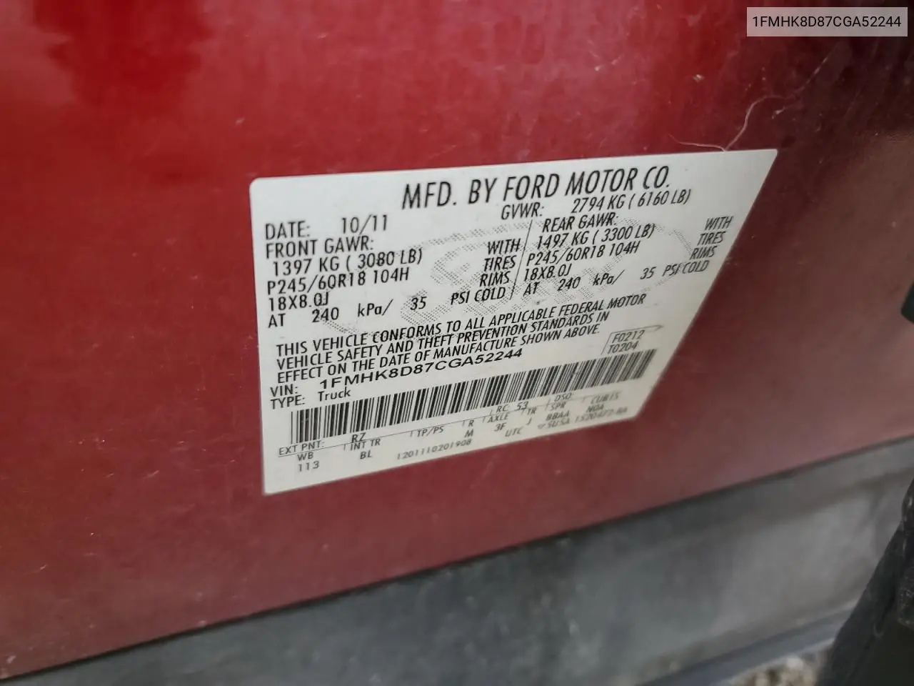 2012 Ford Explorer Xlt VIN: 1FMHK8D87CGA52244 Lot: 62819095