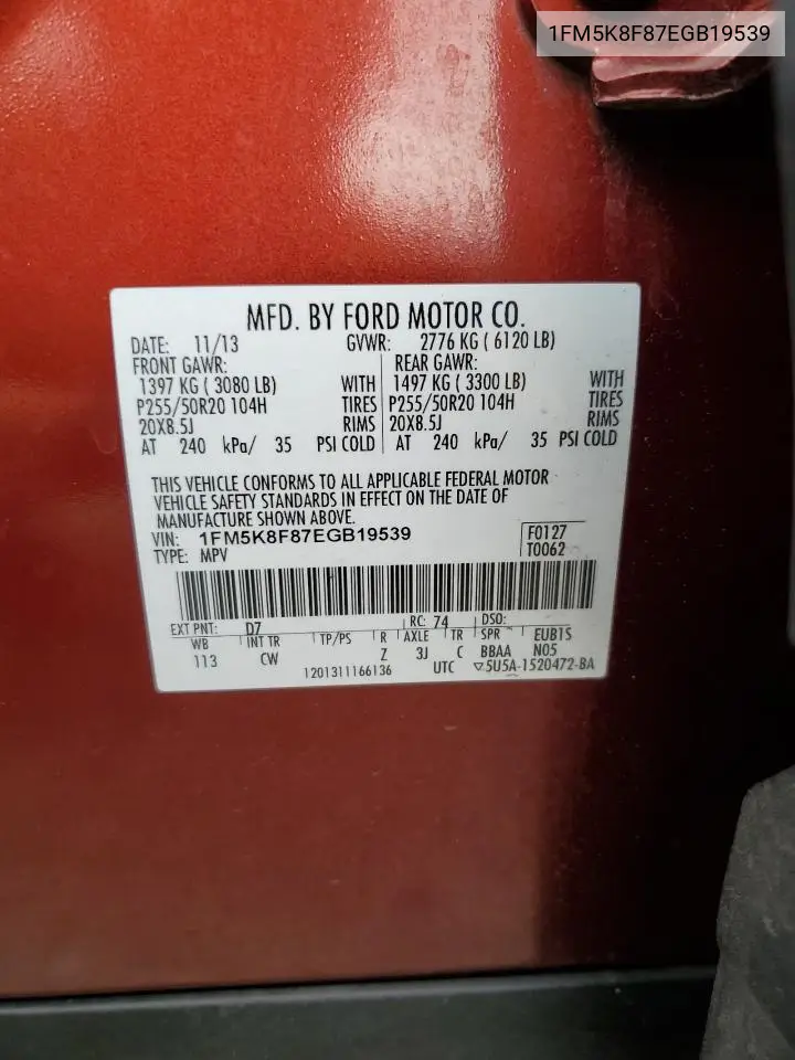 2014 Ford Explorer Limited VIN: 1FM5K8F87EGB19539 Lot: 62846805