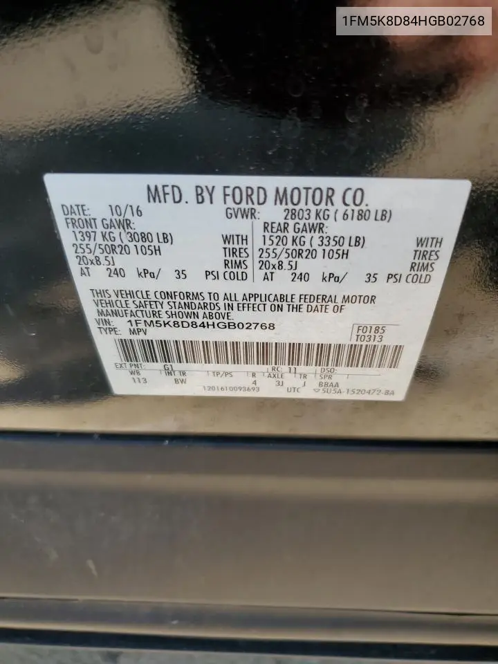 2017 Ford Explorer Xlt VIN: 1FM5K8D84HGB02768 Lot: 63245215