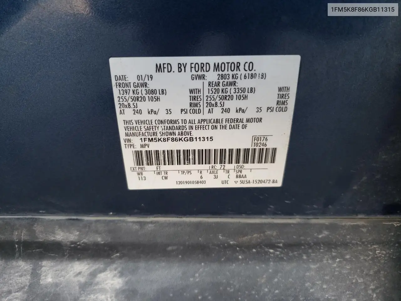 2019 Ford Explorer Limited VIN: 1FM5K8F86KGB11315 Lot: 62596815