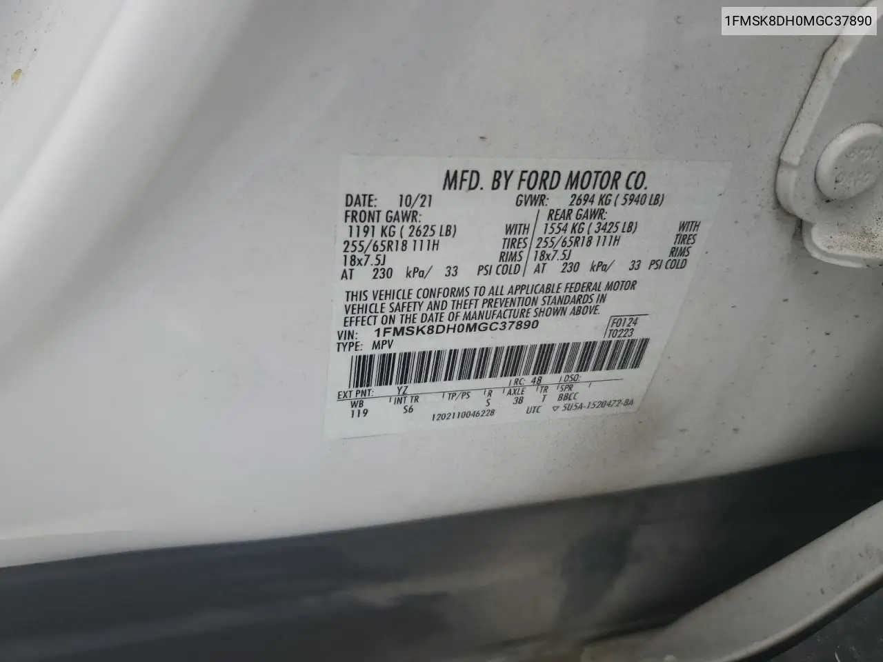 2021 Ford Explorer Xlt VIN: 1FMSK8DH0MGC37890 Lot: 56593255