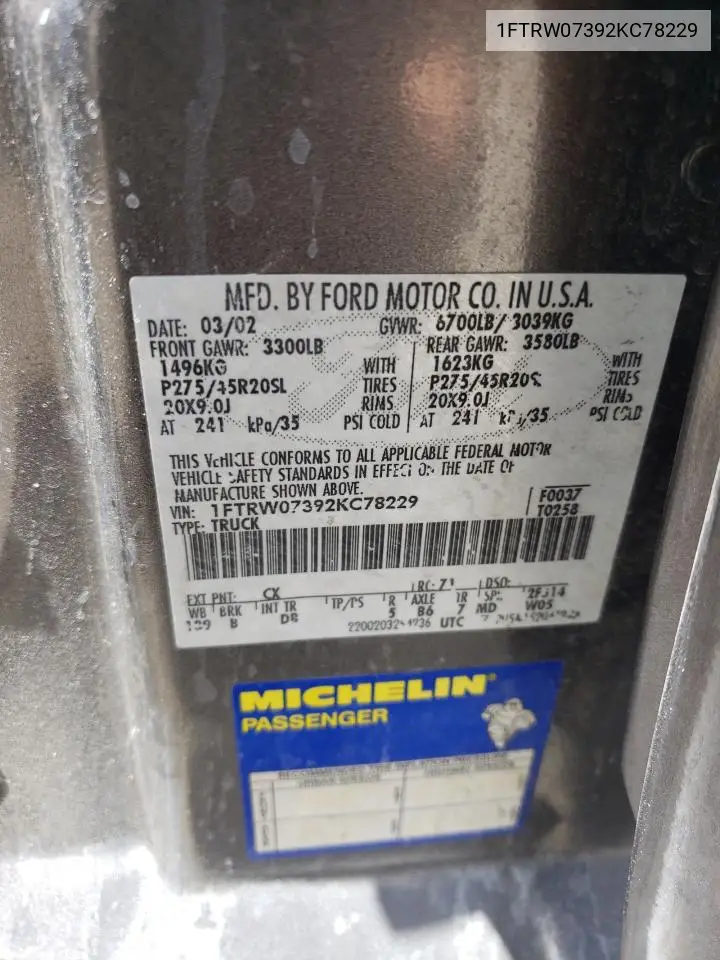 2002 Ford F150 Supercrew Harley Davidson VIN: 1FTRW07392KC78229 Lot: 61611075