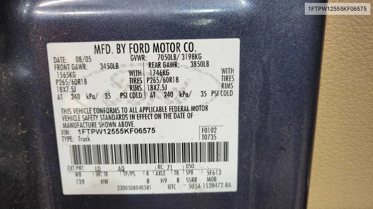 2005 Ford F150 Supercrew VIN: 1FTPW12555KF06575 Lot: 57114205