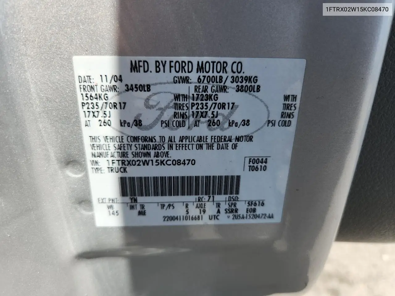 2005 Ford F150 VIN: 1FTRX02W15KC08470 Lot: 62681705