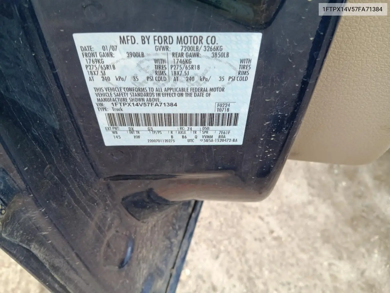 2007 Ford F150 VIN: 1FTPX14V57FA71384 Lot: 62166955