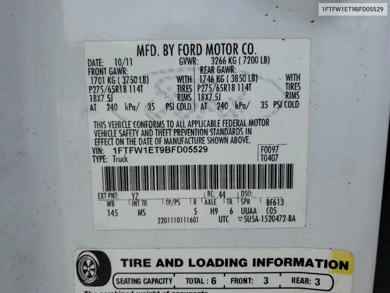 2011 Ford F150 Supercrew VIN: 1FTFW1ET9BFD05529 Lot: 62958825