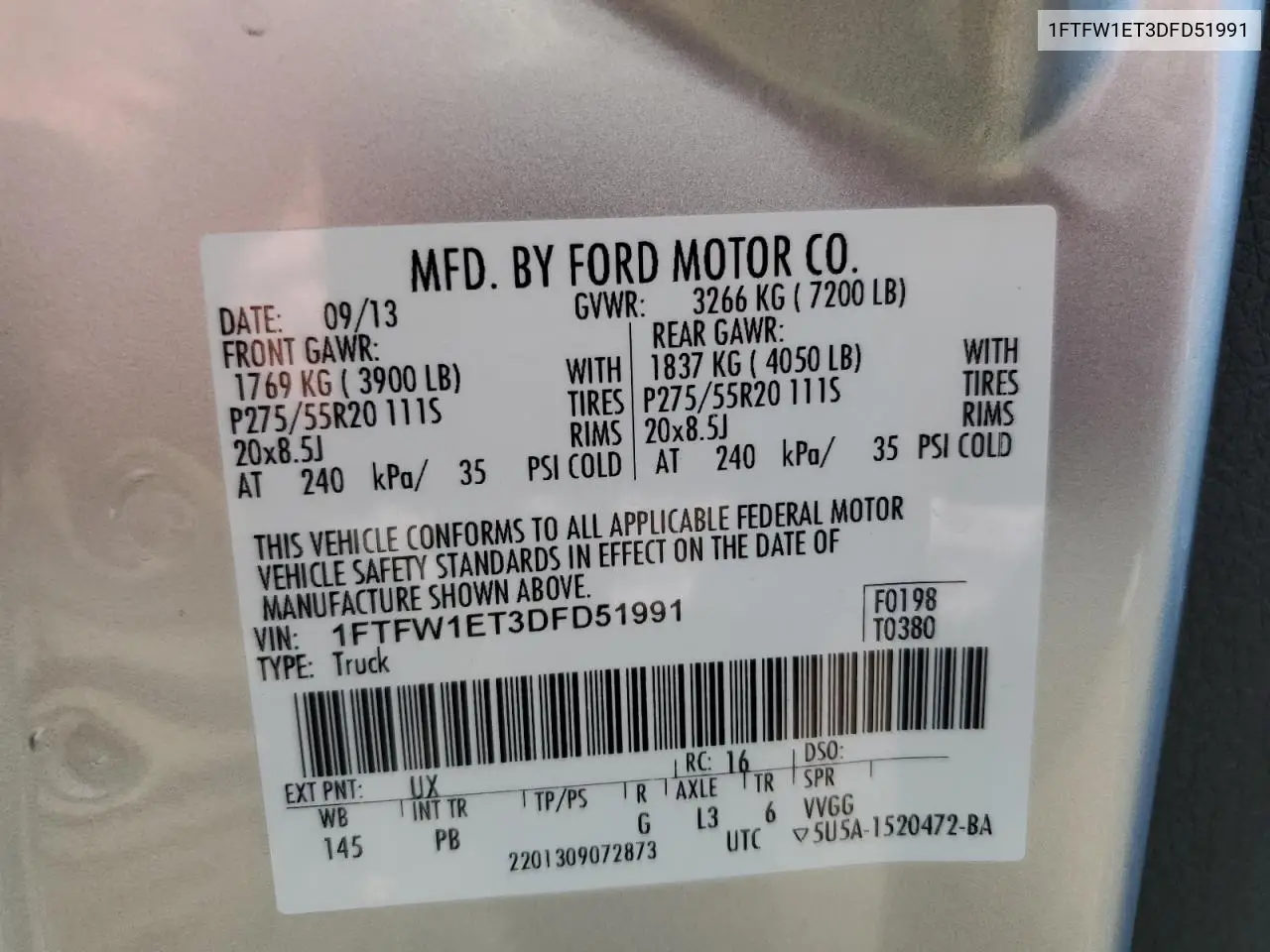 2013 Ford F150 Supercrew VIN: 1FTFW1ET3DFD51991 Lot: 62000165