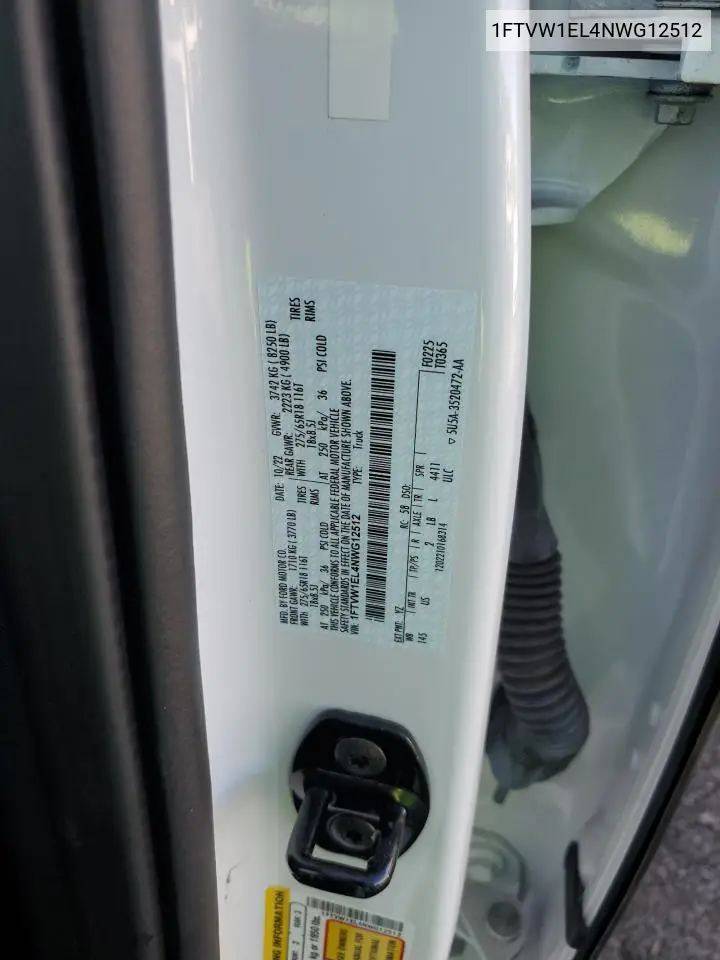 2022 Ford F150 Lightning Pro VIN: 1FTVW1EL4NWG12512 Lot: 61577465