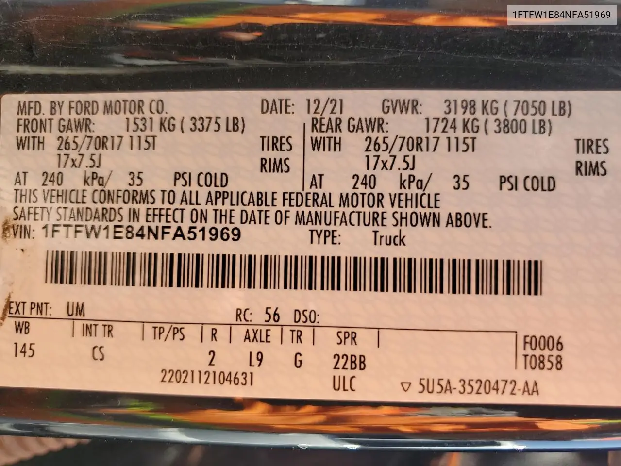 2022 Ford F150 Supercrew VIN: 1FTFW1E84NFA51969 Lot: 61777025