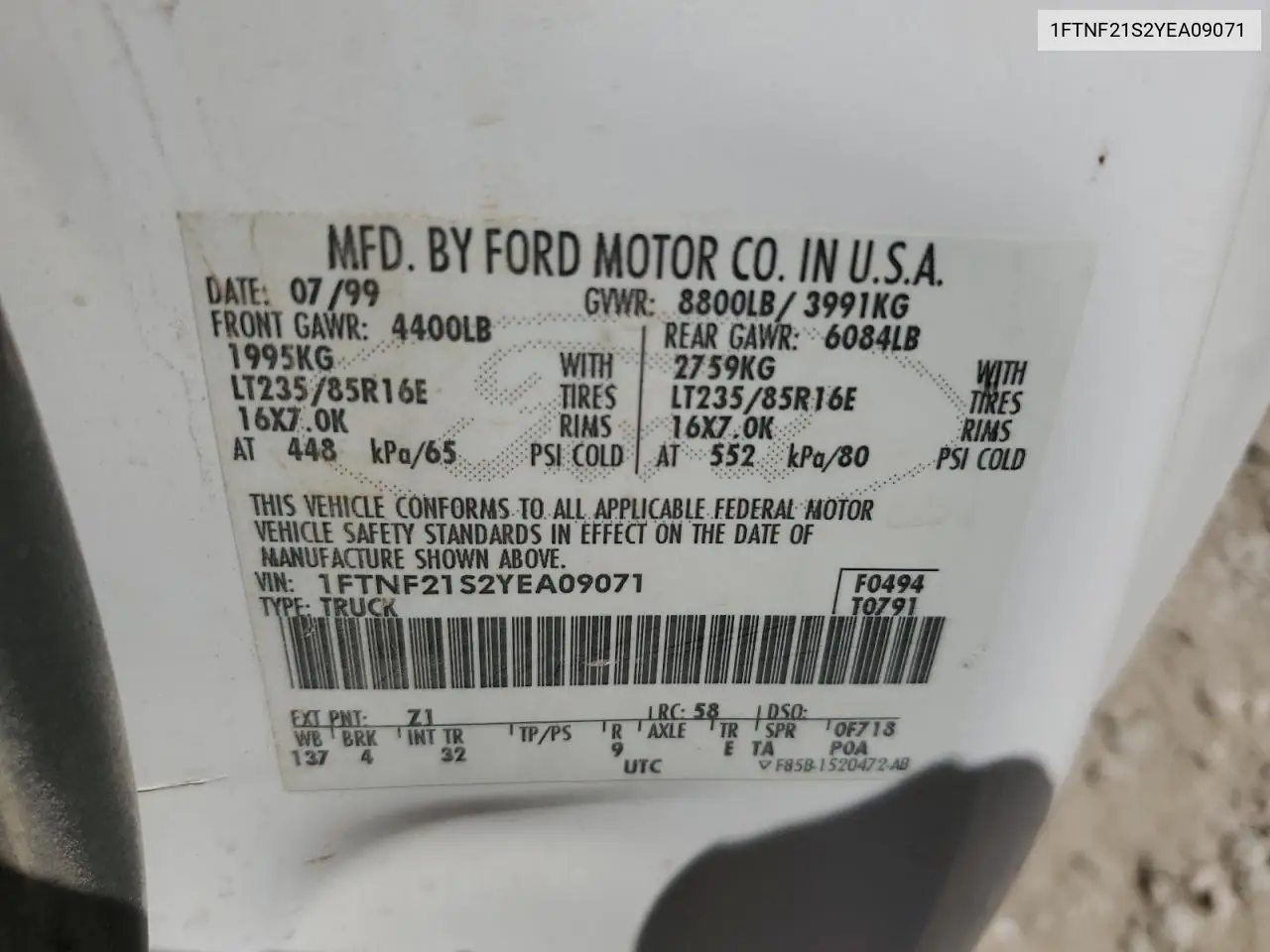 2000 Ford F250 Super Duty VIN: 1FTNF21S2YEA09071 Lot: 55629605