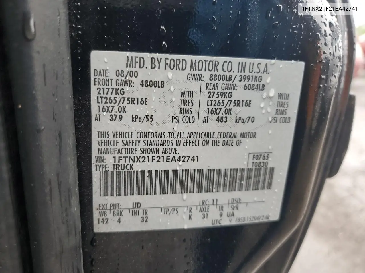 2001 Ford F250 Super Duty VIN: 1FTNX21F21EA42741 Lot: 57025675