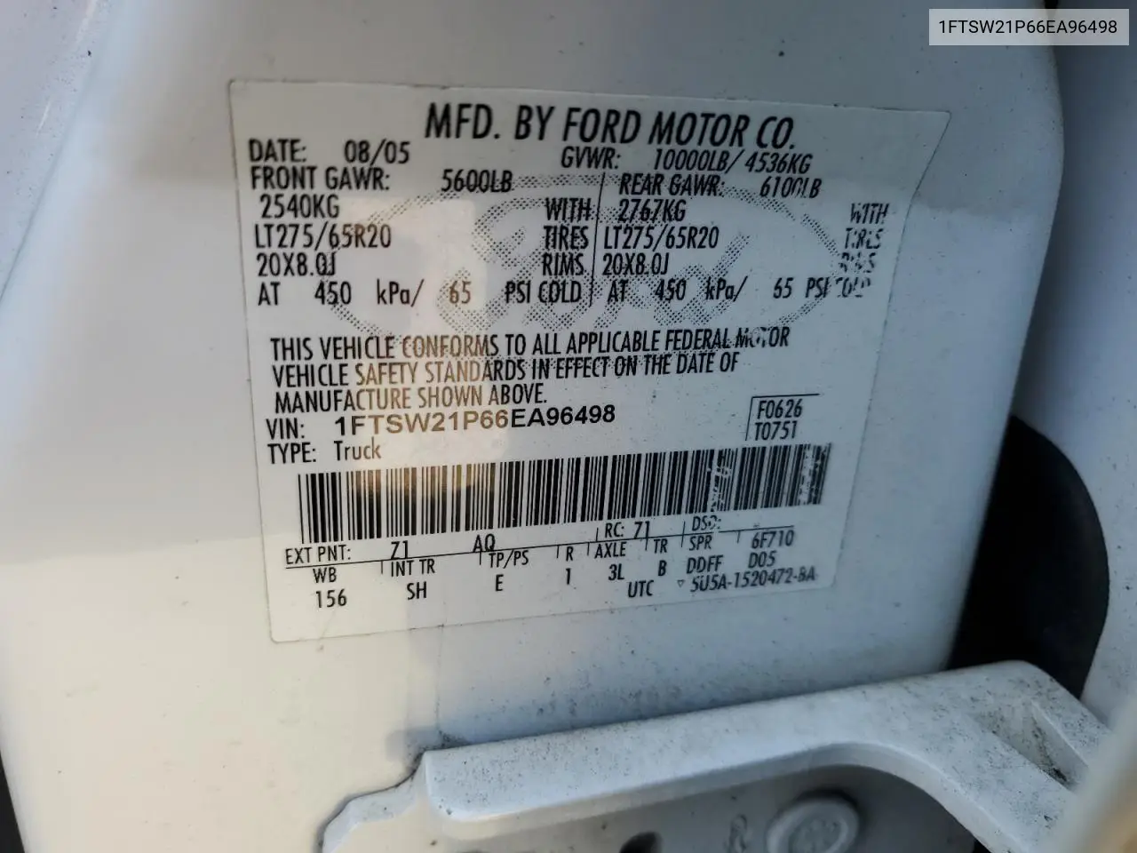 2006 Ford F250 Super Duty VIN: 1FTSW21P66EA96498 Lot: 63060055