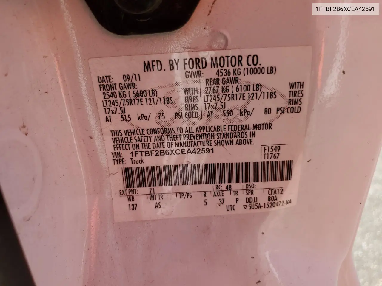 2012 Ford F250 Super Duty VIN: 1FTBF2B6XCEA42591 Lot: 62492495
