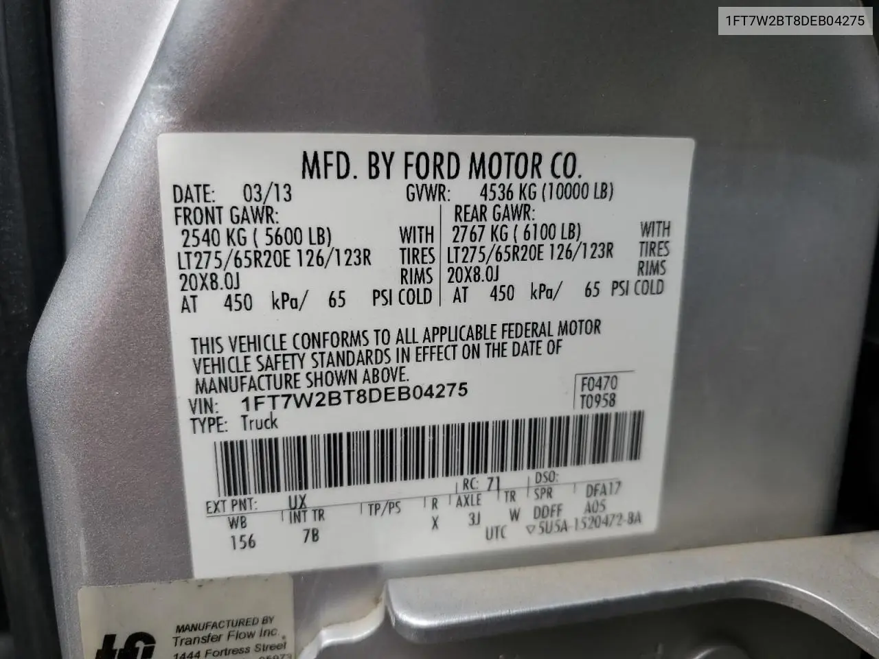 2013 Ford F250 Super Duty VIN: 1FT7W2BT8DEB04275 Lot: 53904045