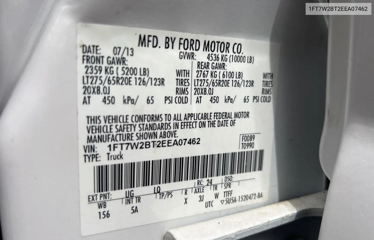 2014 Ford F250 Super Duty VIN: 1FT7W2BT2EEA07462 Lot: 56959795