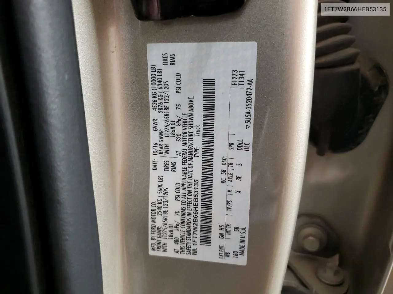 2017 Ford F250 Super Duty VIN: 1FT7W2B66HEB53135 Lot: 56952395