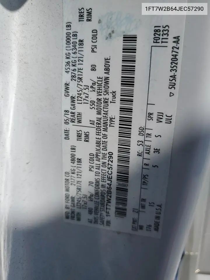2018 Ford F250 Super Duty VIN: 1FT7W2B64JEC57290 Lot: 59014555